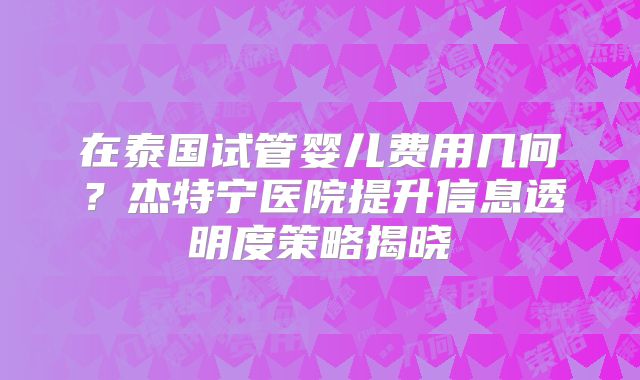 在泰国试管婴儿费用几何？杰特宁医院提升信息透明度策略揭晓