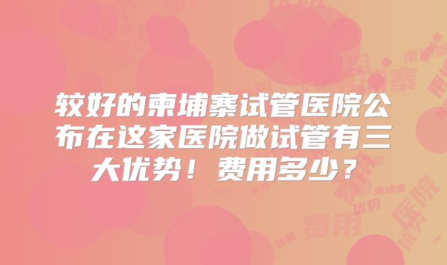 较好的柬埔寨试管医院公布在这家医院做试管有三大优势！费用多少？