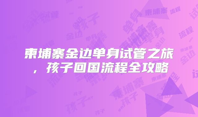 柬埔寨金边单身试管之旅,孩子回国流程全攻略
