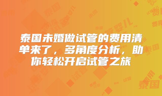 泰国未婚做试管的费用清单来了，多角度分析，助你轻松开启试管之旅