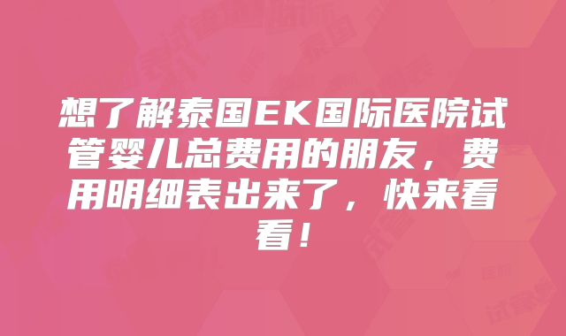 想了解泰国EK国际医院试管婴儿总费用的朋友，费用明细表出来了，快来看看！