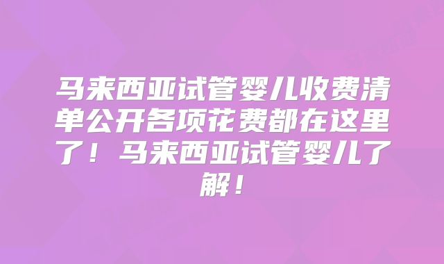 马来西亚试管婴儿收费清单公开各项花费都在这里了！马来西亚试管婴儿了解！
