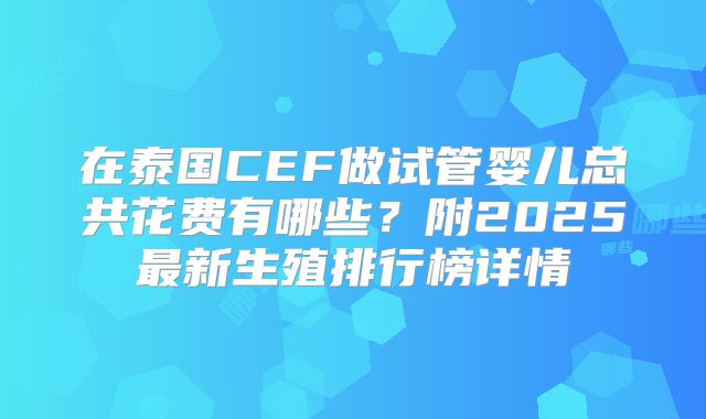 在泰国CEF做试管婴儿总共花费有哪些？附2025最新生殖排行榜详情