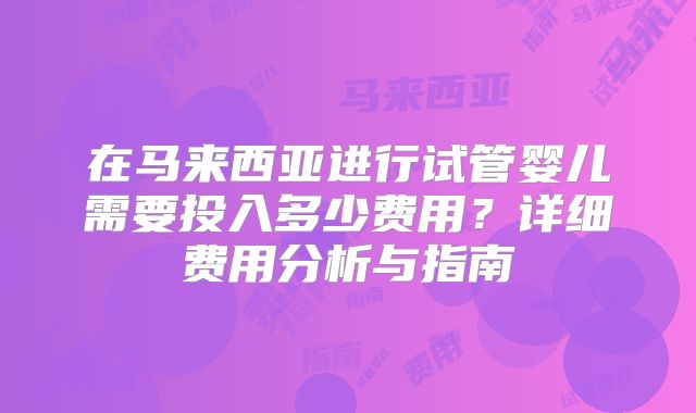 在马来西亚进行试管婴儿需要投入多少费用？详细费用分析与指南