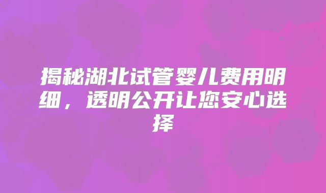 揭秘湖北试管婴儿费用明细，透明公开让您安心选择