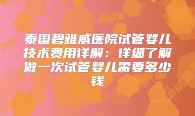 泰国碧雅威医院试管婴儿技术费用详解：详细了解做一次试管婴儿需要多少钱