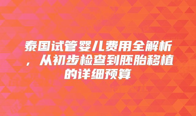 泰国试管婴儿费用全解析，从初步检查到胚胎移植的详细预算