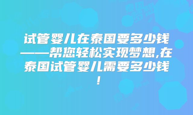 试管婴儿在泰国要多少钱——帮您轻松实现梦想,在泰国试管婴儿需要多少钱！