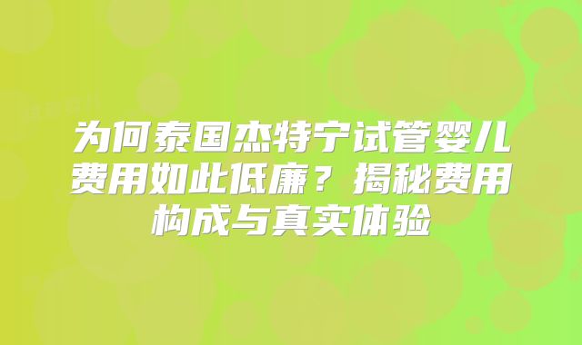 为何泰国杰特宁试管婴儿费用如此低廉？揭秘费用构成与真实体验