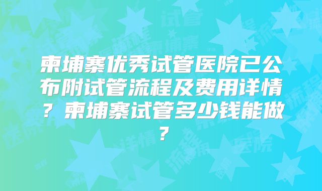 柬埔寨优秀试管医院已公布附试管流程及费用详情？柬埔寨试管多少钱能做？