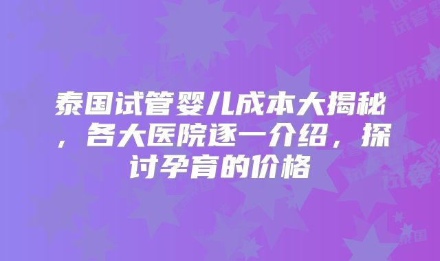 泰国试管婴儿成本大揭秘，各大医院逐一介绍，探讨孕育的价格
