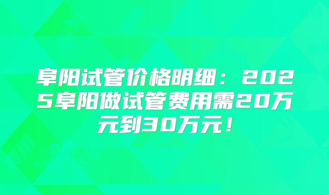 阜阳试管价格明细：2025阜阳做试管费用需20万元到30万元！