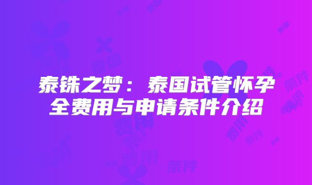 泰铢之梦:泰国试管怀孕全费用与申请条件介绍