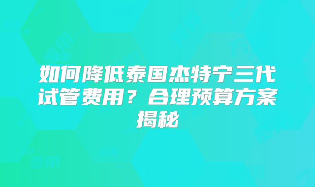 如何降低泰国杰特宁三代试管费用？合理预算方案揭秘
