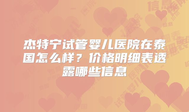 杰特宁试管婴儿医院在泰国怎么样？价格明细表透露哪些信息