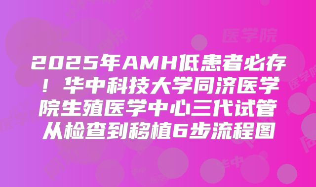 2025年AMH低患者必存！华中科技大学同济医学院生殖医学中心三代试管从检查到移植6步流程图