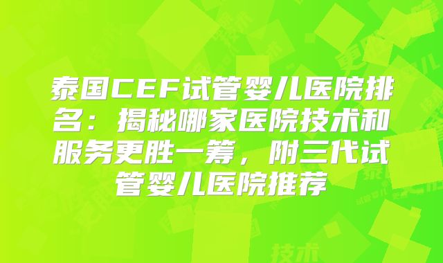 泰国CEF试管婴儿医院排名：揭秘哪家医院技术和服务更胜一筹，附三代试管婴儿医院推荐