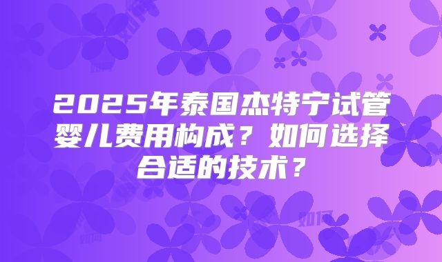 2025年泰国杰特宁试管婴儿费用构成？如何选择合适的技术？