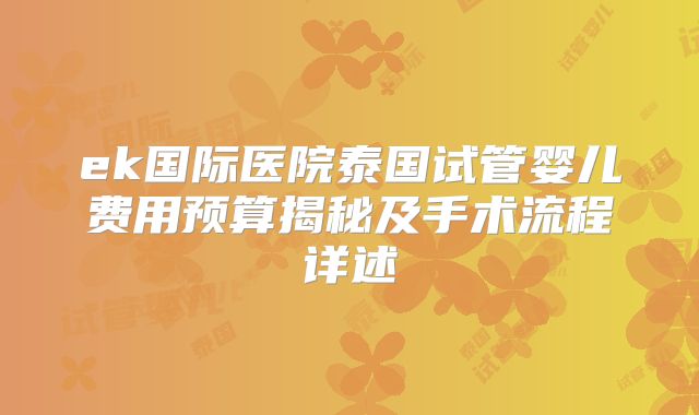 ek国际医院泰国试管婴儿费用预算揭秘及手术流程详述