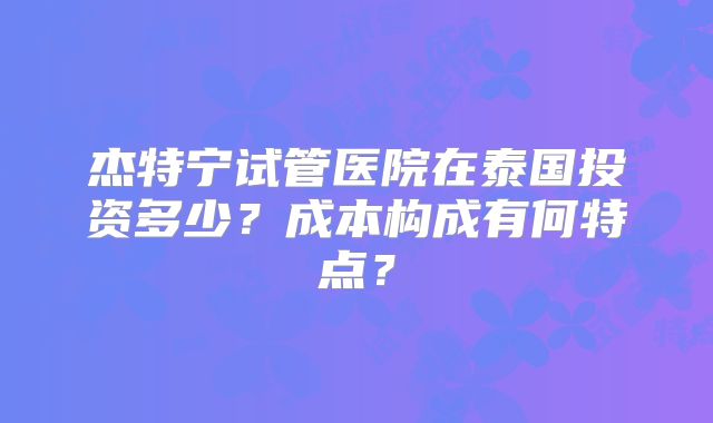 杰特宁试管医院在泰国投资多少？成本构成有何特点？