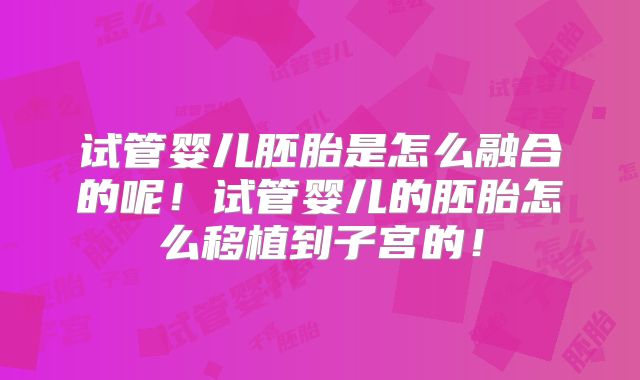 试管婴儿胚胎是怎么融合的呢！试管婴儿的胚胎怎么移植到子宫的！
