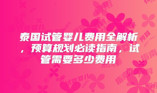 泰国试管婴儿费用全解析，预算规划必读指南，试管需要多少费用