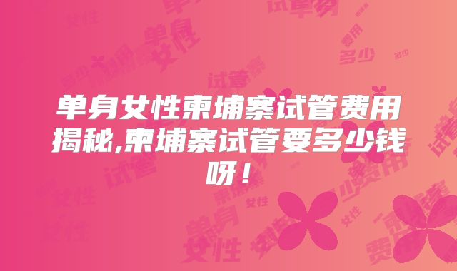 单身女性柬埔寨试管费用揭秘,柬埔寨试管要多少钱呀！