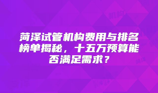 菏泽试管机构费用与排名榜单揭秘，十五万预算能否满足需求？