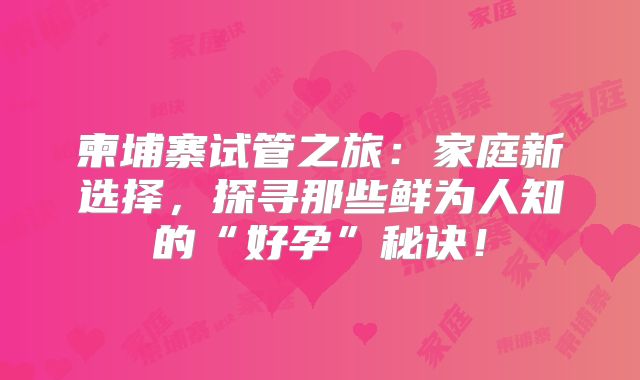 柬埔寨试管之旅:家庭新选择,探寻那些鲜为人知的“好孕”秘诀!