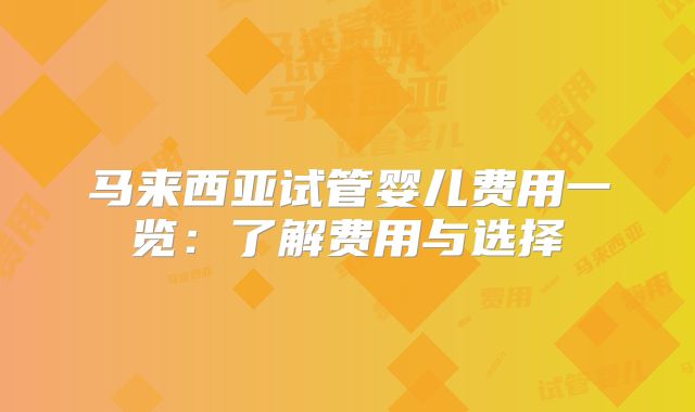 马来西亚试管婴儿费用一览:了解费用与选择