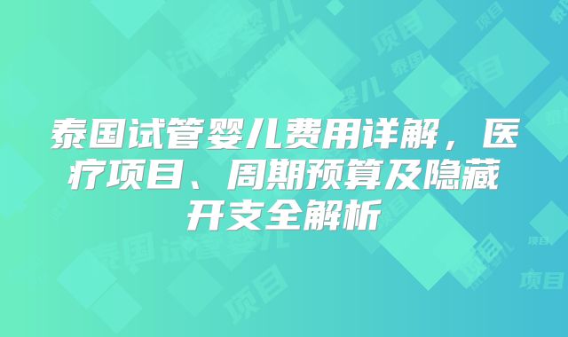 泰国试管婴儿费用详解，医疗项目、周期预算及隐藏开支全解析