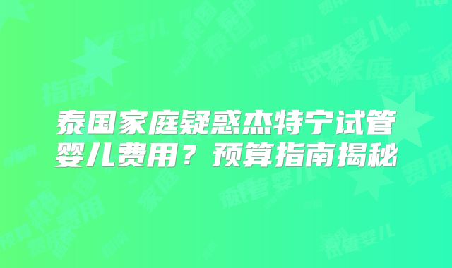 泰国家庭疑惑杰特宁试管婴儿费用？预算指南揭秘