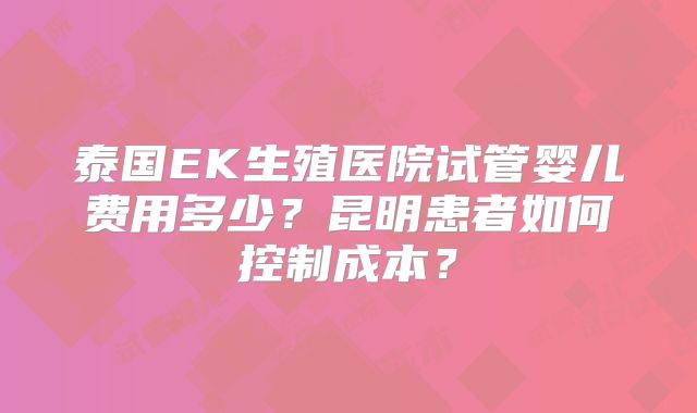 泰国EK生殖医院试管婴儿费用多少？昆明患者如何控制成本？