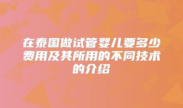 在泰国做试管婴儿要多少费用及其所用的不同技术的介绍