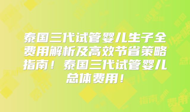 泰国三代试管婴儿生子全费用解析及高效节省策略指南！泰国三代试管婴儿总体费用！