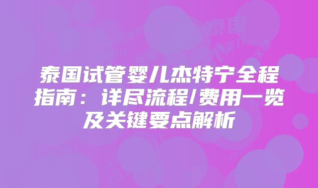 泰国试管婴儿杰特宁全程指南：详尽流程/费用一览及关键要点解析