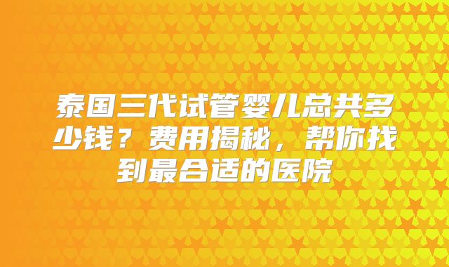 泰国三代试管婴儿总共多少钱?费用揭秘,帮你找到最合适的医院