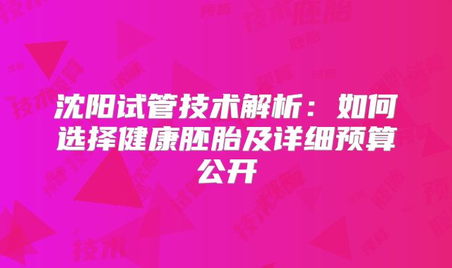 沈阳试管技术解析：如何选择健康胚胎及详细预算公开