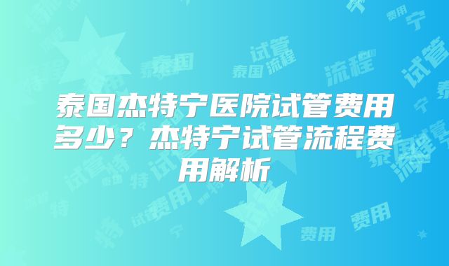 泰国杰特宁医院试管费用多少？杰特宁试管流程费用解析