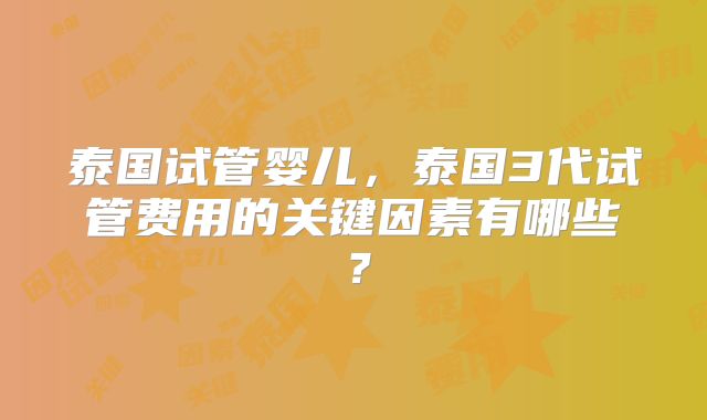 泰国试管婴儿，泰国3代试管费用的关键因素有哪些？