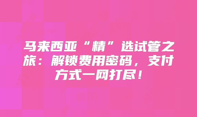 马来西亚“精”选试管之旅：解锁费用密码，支付方式一网打尽！