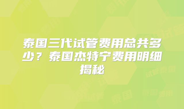 泰国三代试管费用总共多少？泰国杰特宁费用明细揭秘