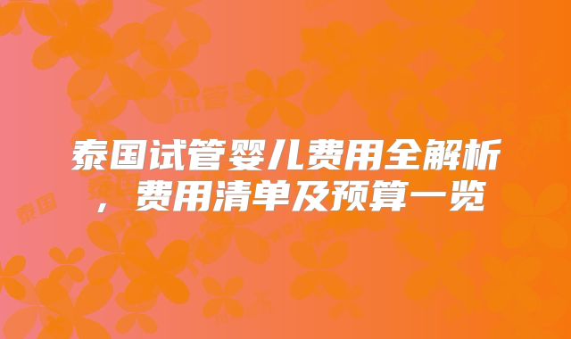 泰国试管婴儿费用全解析,费用清单及预算一览
