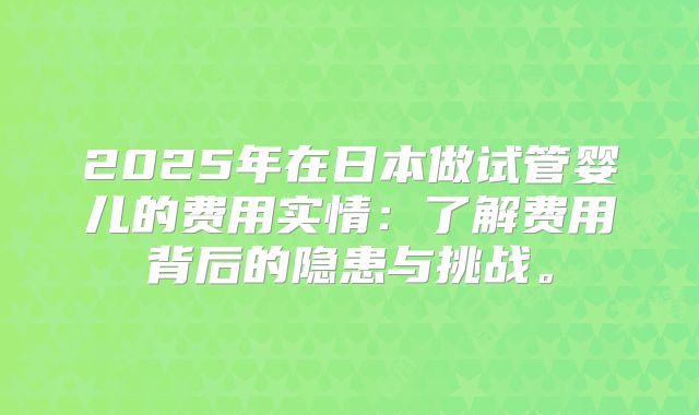 2025年在日本做试管婴儿的费用实情:了解费用背后的隐患与挑战。