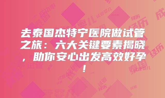 去泰国杰特宁医院做试管之旅：六大关键要素揭晓，助你安心出发高效好孕！
