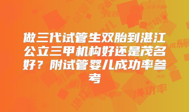 做三代试管生双胎到湛江公立三甲机构好还是茂名好？附试管婴儿成功率参考