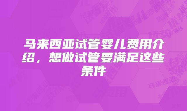 马来西亚试管婴儿费用介绍，想做试管要满足这些条件