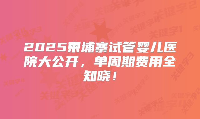 2025柬埔寨试管婴儿医院大公开，单周期费用全知晓！