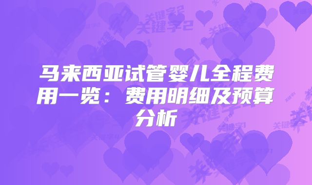 马来西亚试管婴儿全程费用一览：费用明细及预算分析