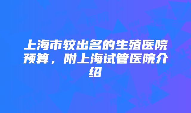 上海市较出名的生殖医院预算，附上海试管医院介绍